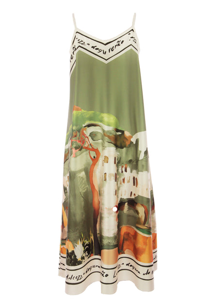 Strappy Watercolour Landscape Print Satin Midi