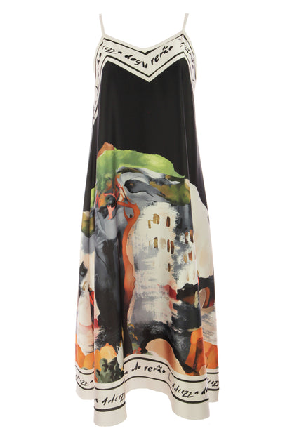 Strappy Watercolour Landscape Print Satin Midi