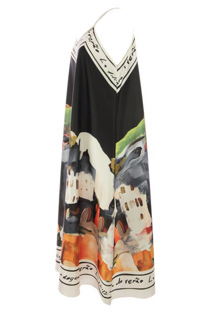 Strappy Watercolour Landscape Print Satin Midi