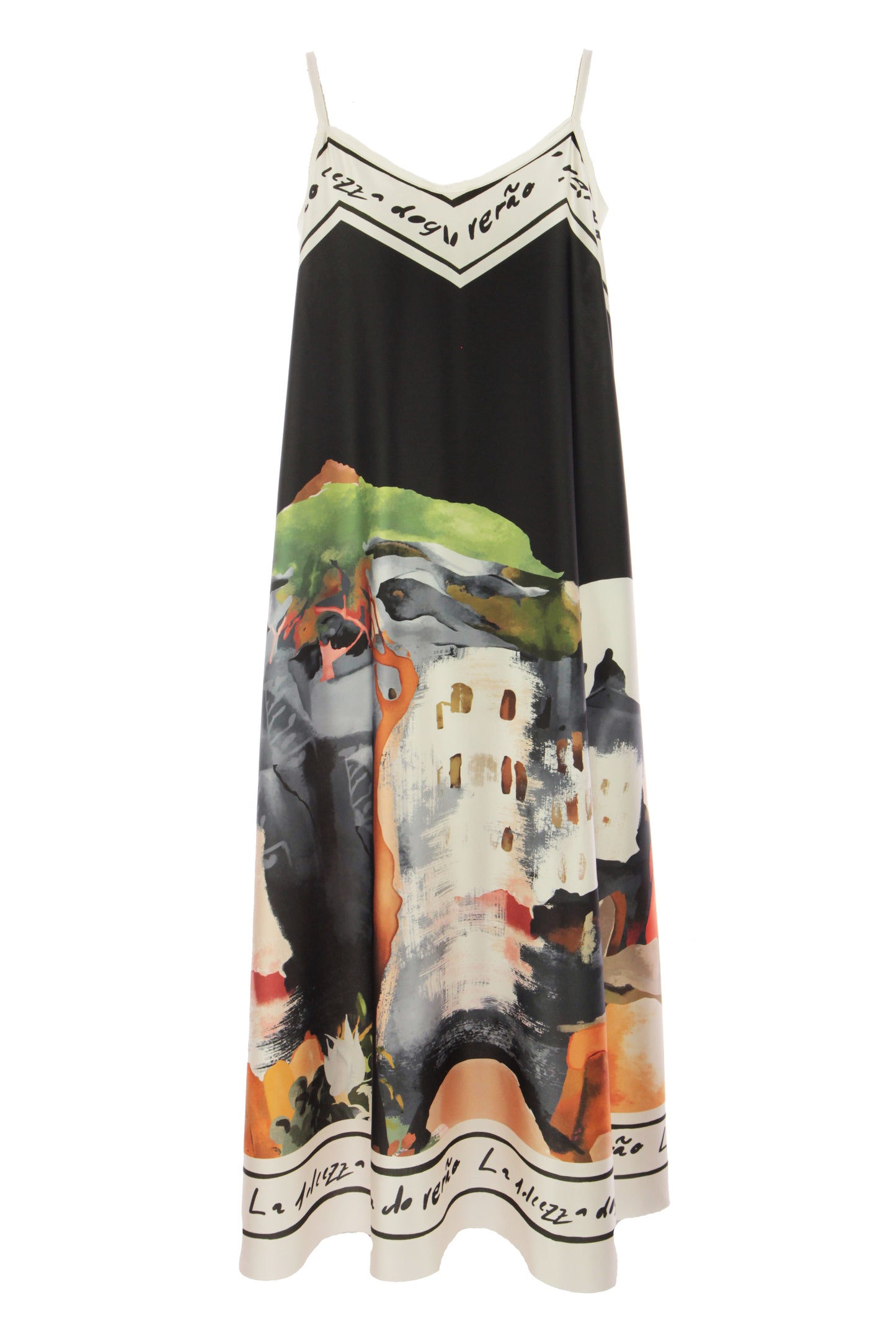 Strappy Watercolour Landscape Print Satin Midi
