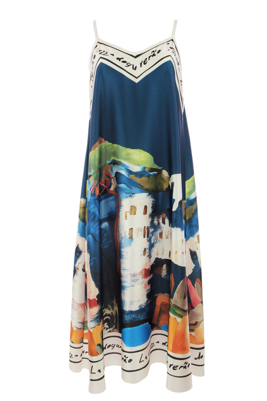 Strappy Watercolour Landscape Print Satin Midi