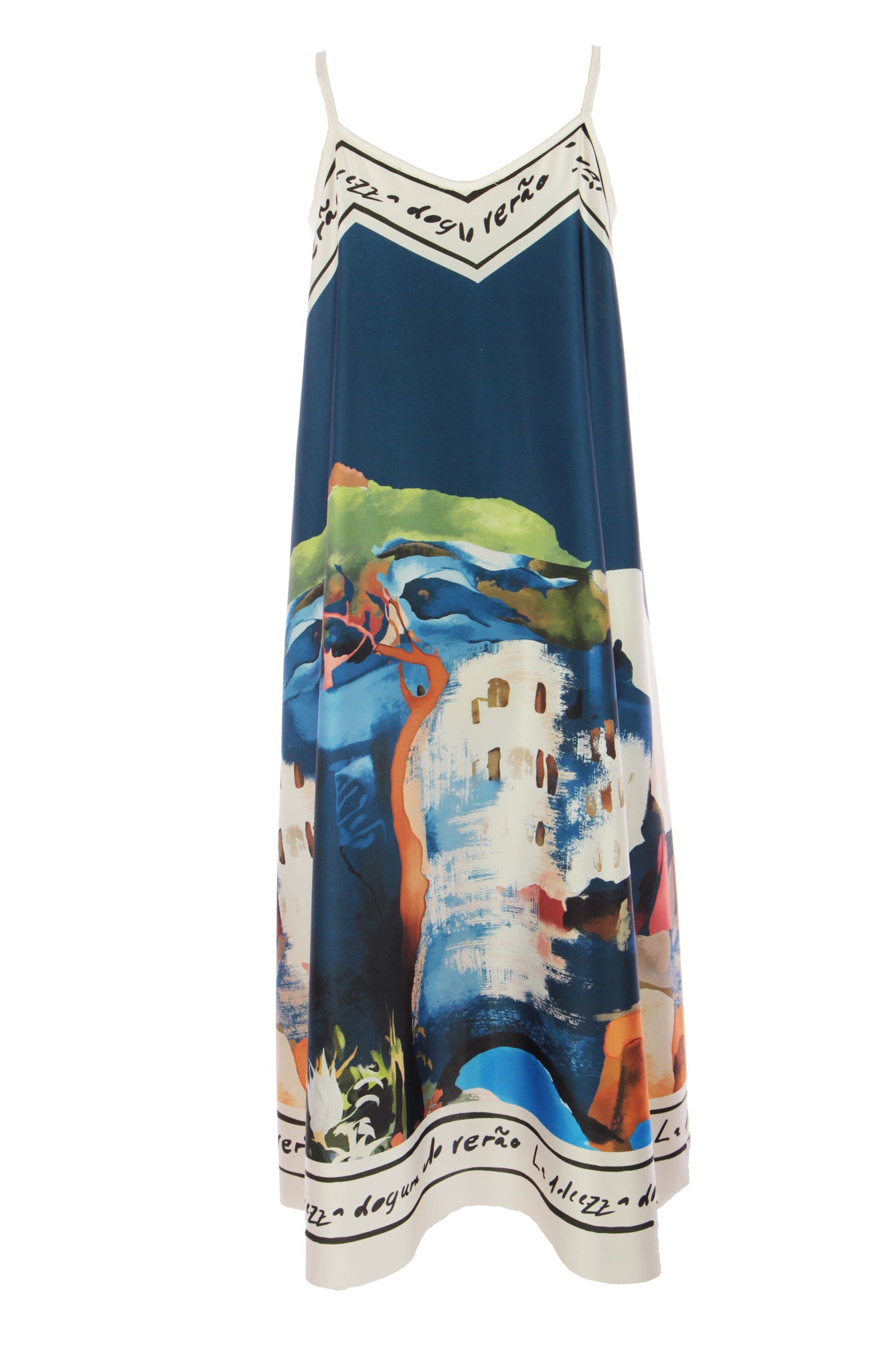 Strappy Watercolour Landscape Print Satin Midi
