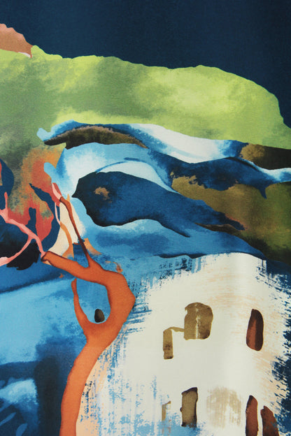 Strappy Watercolour Landscape Print Satin Midi