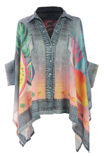 Tropical Fruit Print Denim Look Shirt