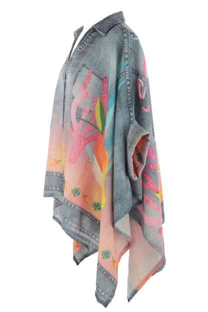 Tropical Fruit Print Denim Look Shirt