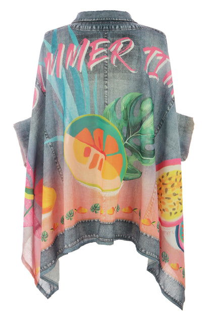 Tropical Fruit Print Denim Look Shirt