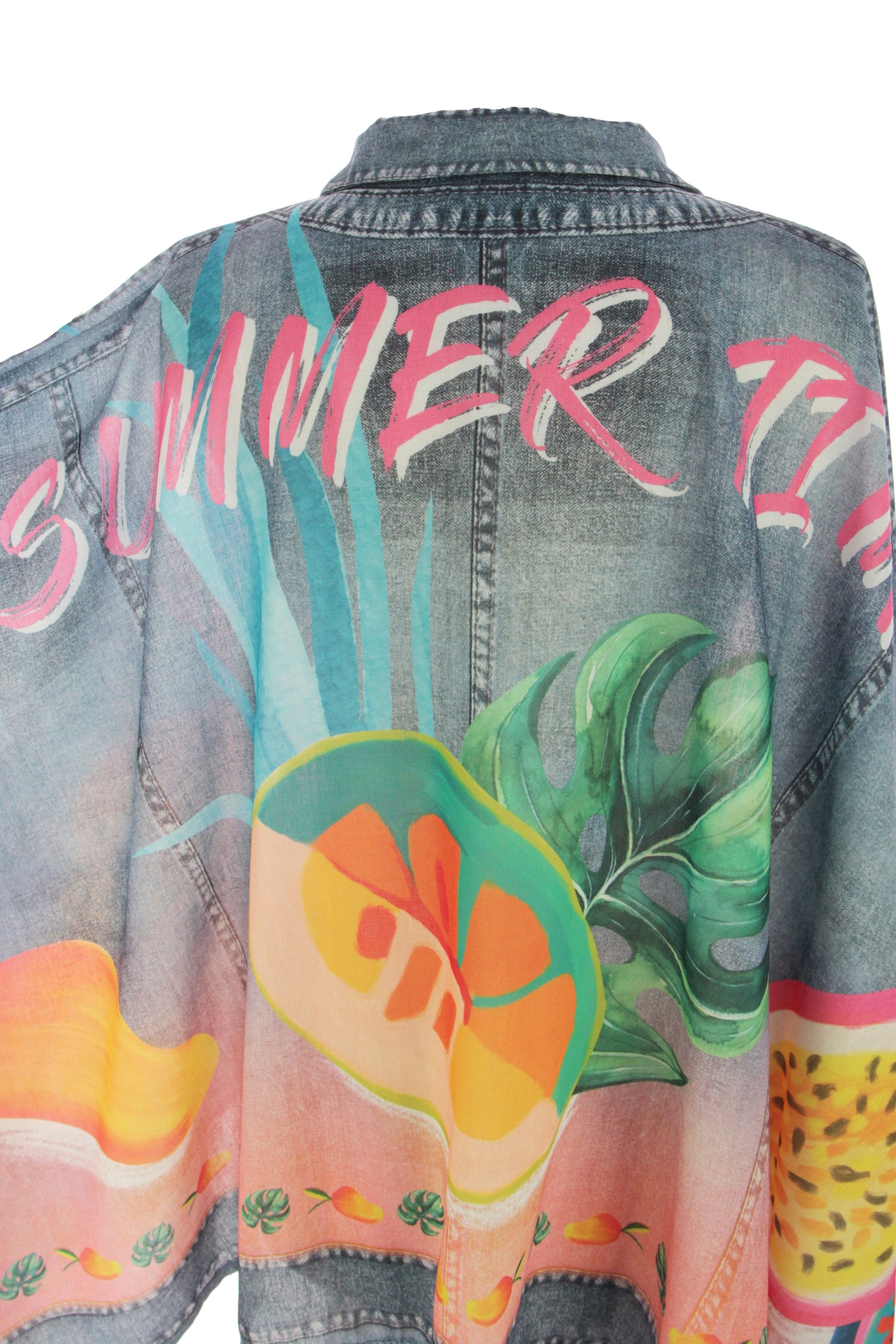 Tropical Fruit Print Denim Look Shirt