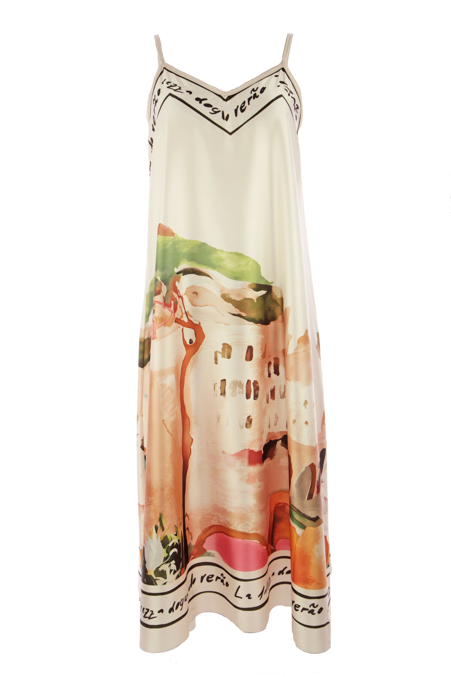 Strappy Watercolour Landscape Print Satin Midi