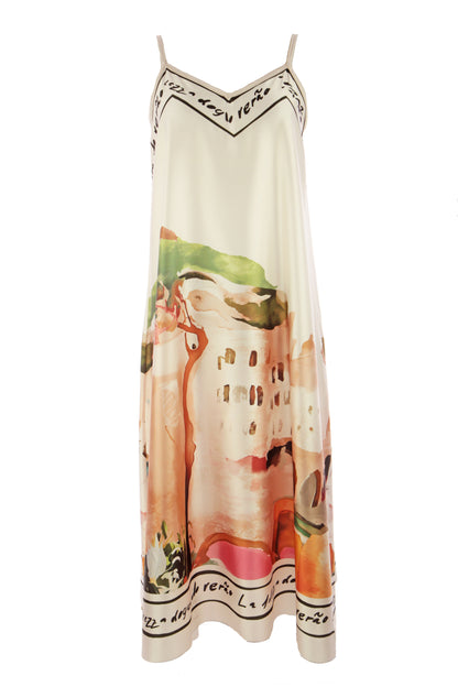 Strappy Watercolour Landscape Print Satin Midi