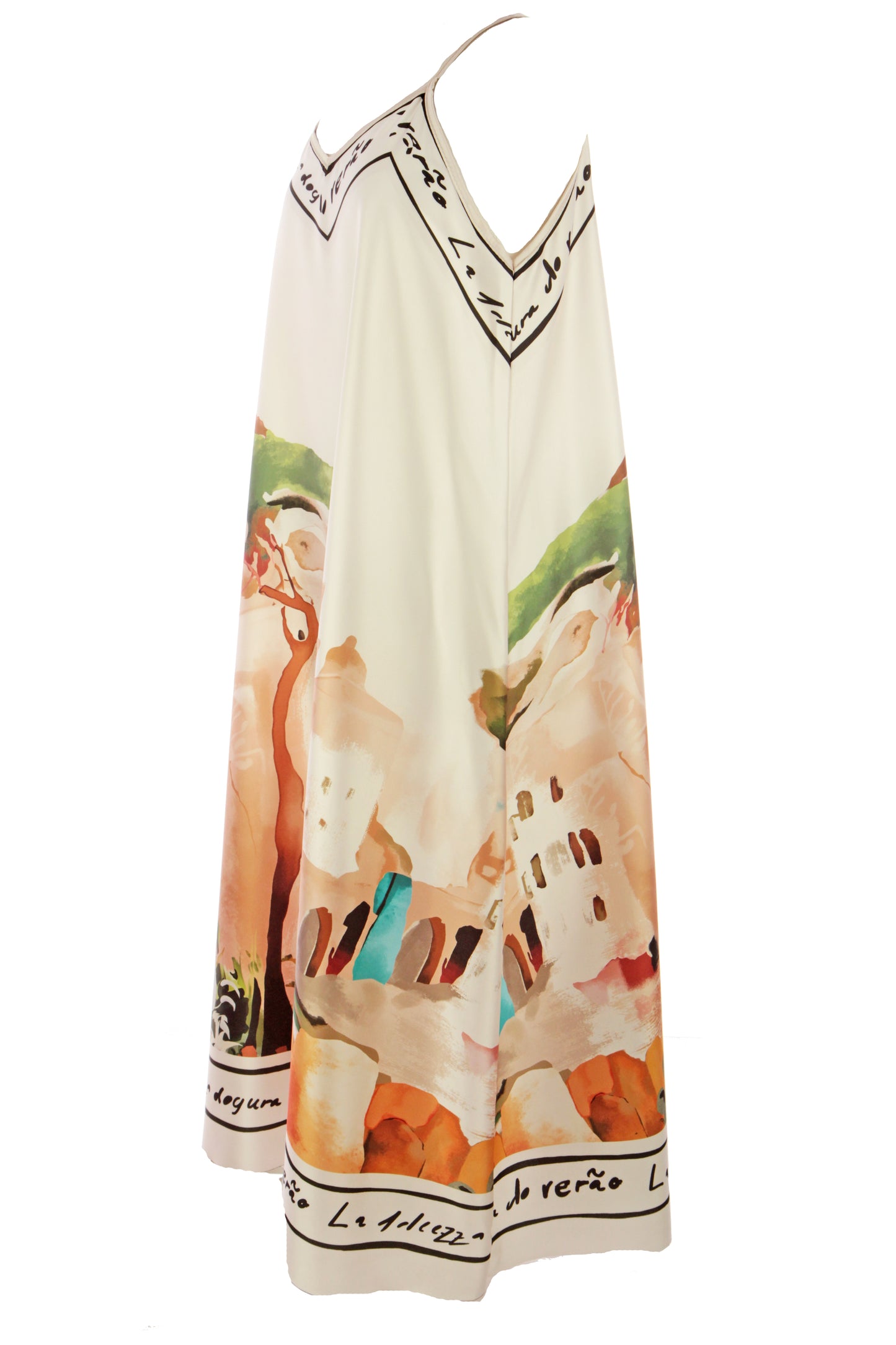 Strappy Watercolour Landscape Print Satin Midi