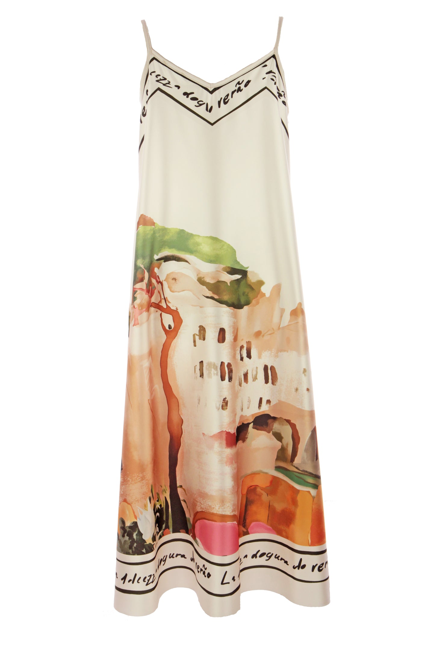 Strappy Watercolour Landscape Print Satin Midi