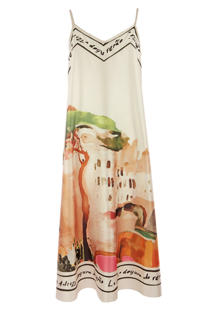 Strappy Watercolour Landscape Print Satin Midi