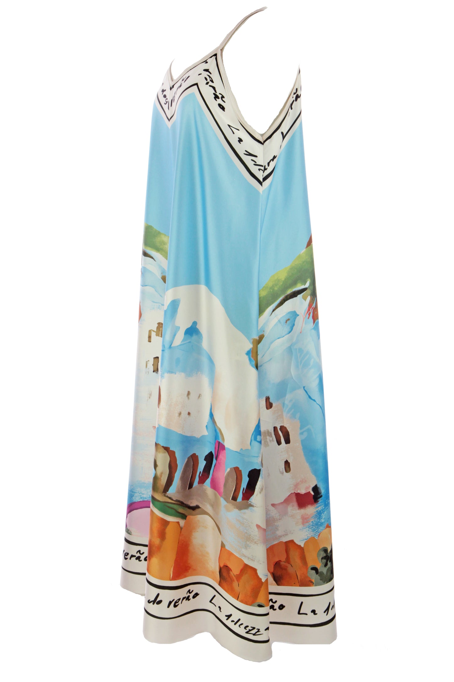 Strappy Watercolour Landscape Print Satin Midi