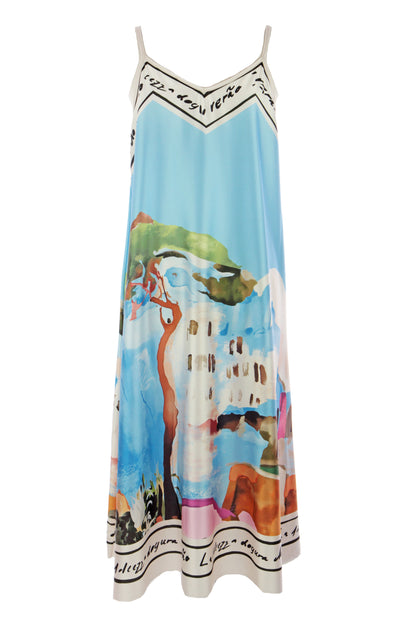Strappy Watercolour Landscape Print Satin Midi