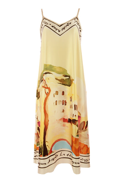 Strappy Watercolour Landscape Print Satin Midi