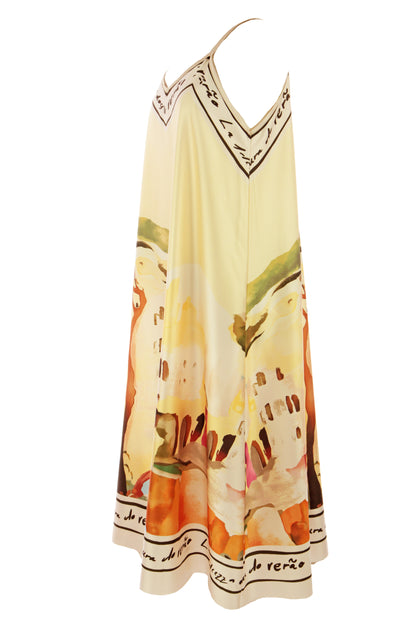 Strappy Watercolour Landscape Print Satin Midi