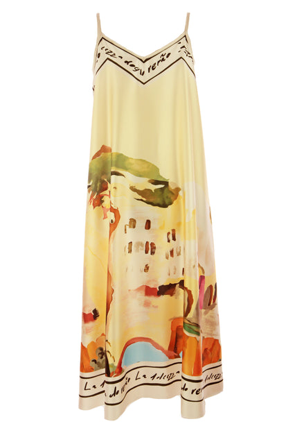 Strappy Watercolour Landscape Print Satin Midi