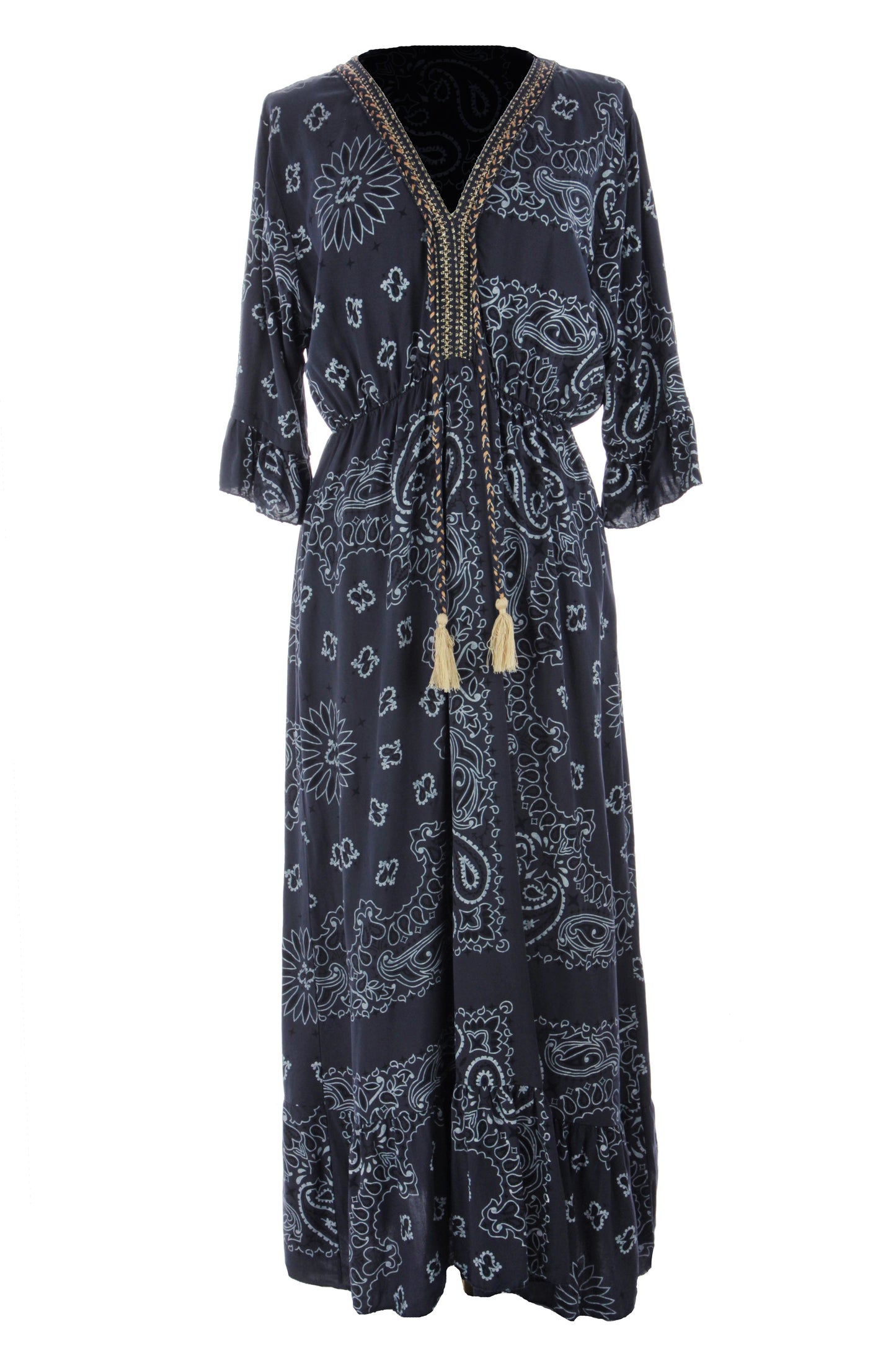 V Neck Paisley Print Midi Dress
