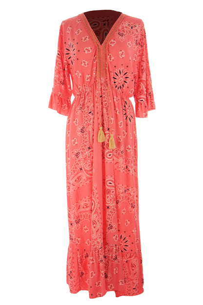 V Neck Paisley Print Midi Dress