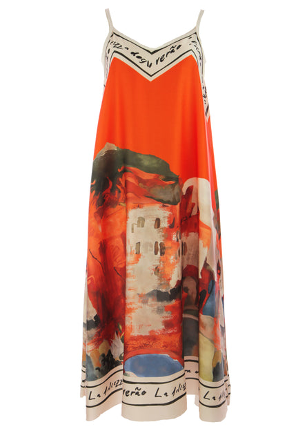 Strappy Watercolour Landscape Print Satin Midi