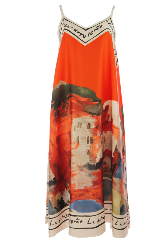 Strappy Watercolour Landscape Print Satin Midi
