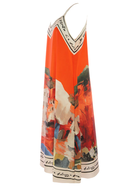 Strappy Watercolour Landscape Print Satin Midi