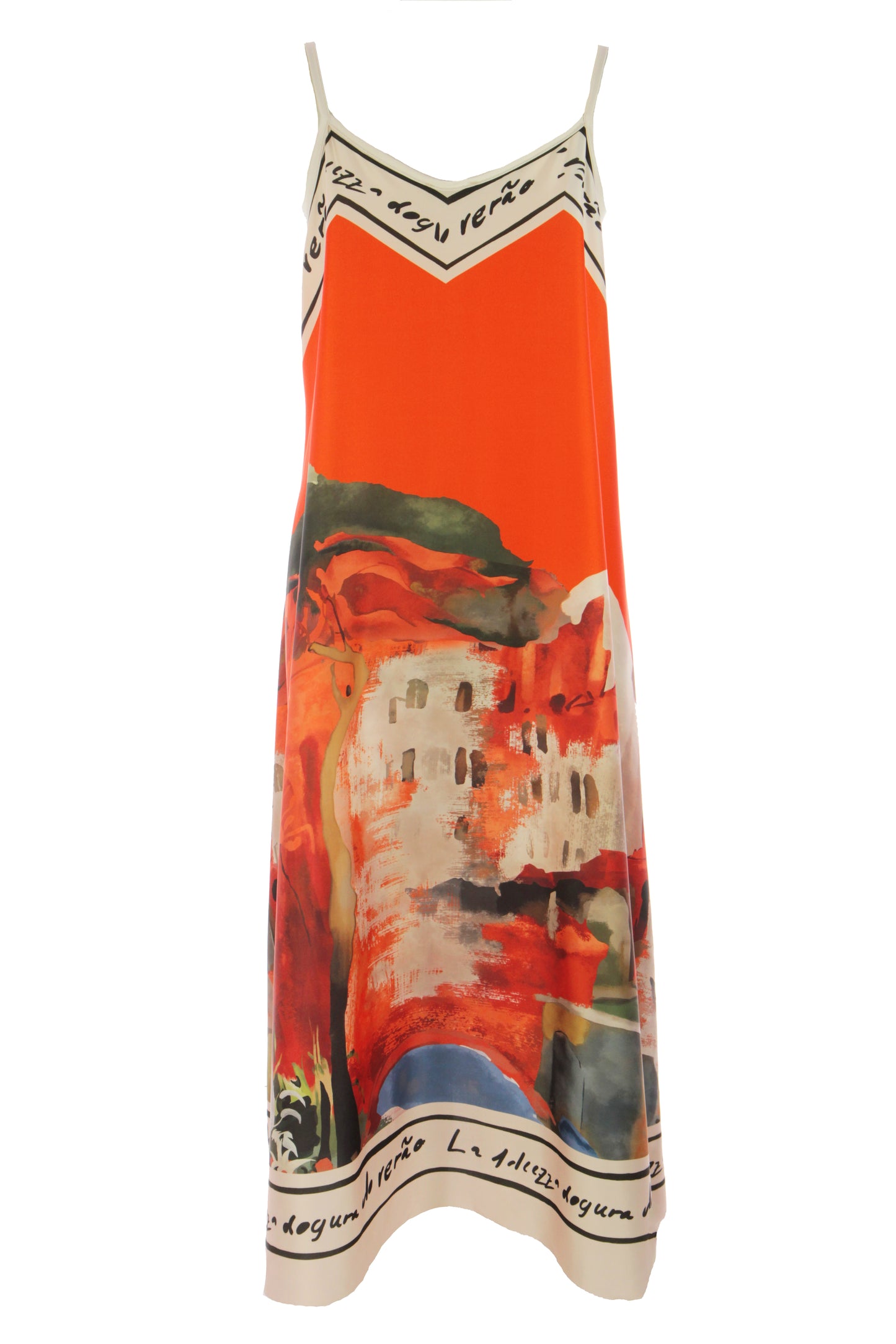 Strappy Watercolour Landscape Print Satin Midi