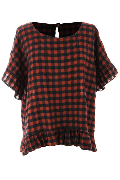 Woven Check Frill Hem Cotton Top