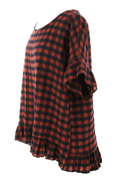 Woven Check Frill Hem Cotton Top
