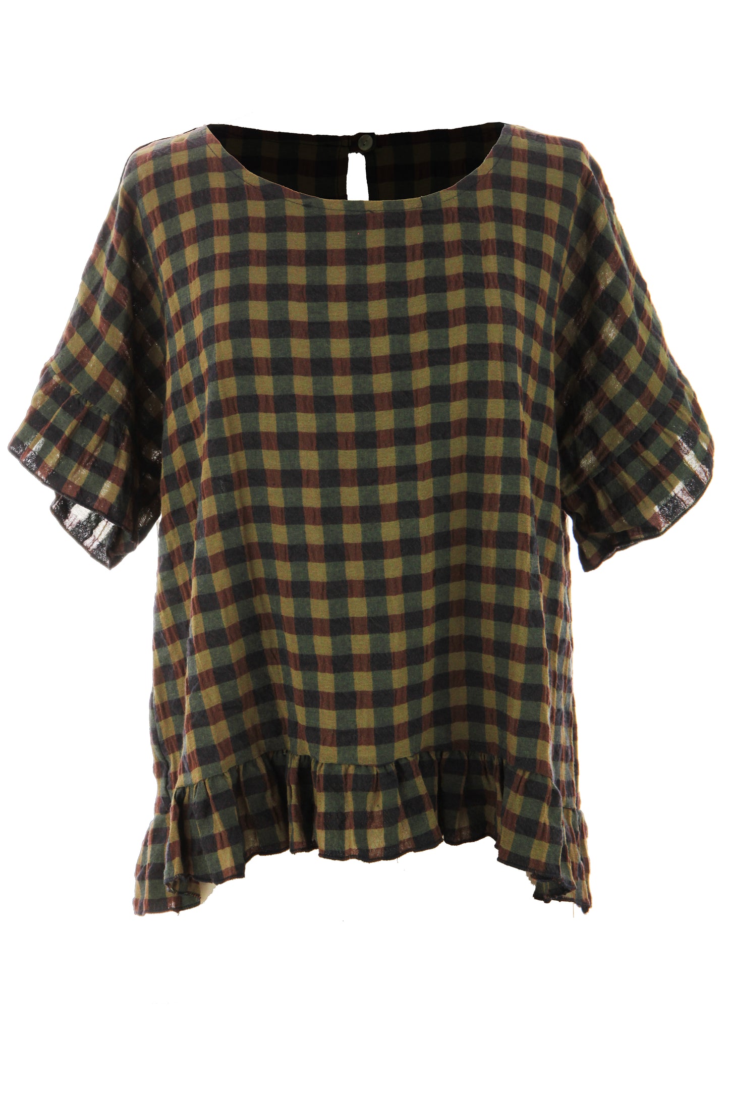 Woven Check Frill Hem Cotton Top