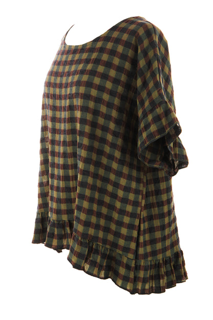 Woven Check Frill Hem Cotton Top