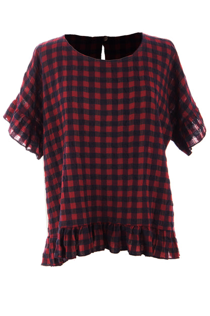 Woven Check Frill Hem Cotton Top