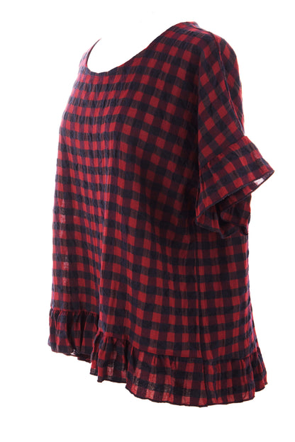 Woven Check Frill Hem Cotton Top