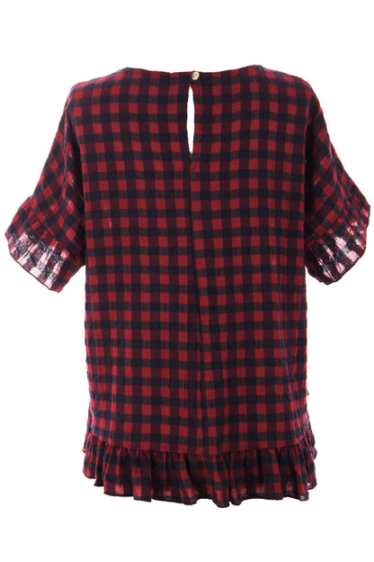 Woven Check Frill Hem Cotton Top