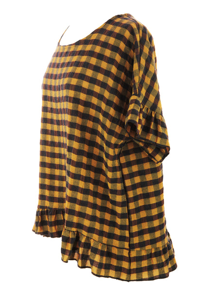 Woven Check Frill Hem Cotton Top
