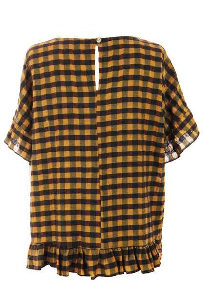 Woven Check Frill Hem Cotton Top