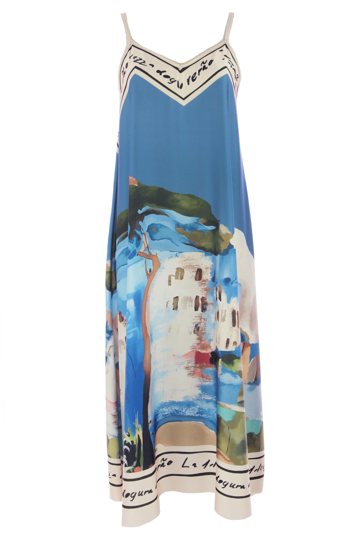 Strappy Watercolour Landscape Print Satin Midi