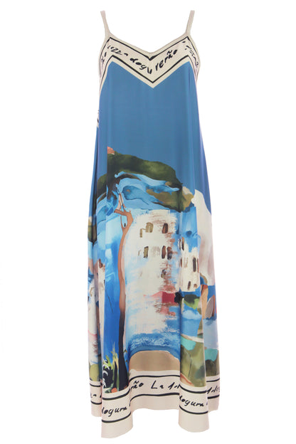 Strappy Watercolour Landscape Print Satin Midi