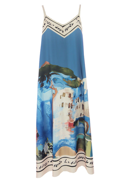 Strappy Watercolour Landscape Print Satin Midi