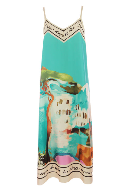 Strappy Watercolour Landscape Print Satin Midi