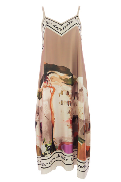 Strappy Watercolour Landscape Print Satin Midi