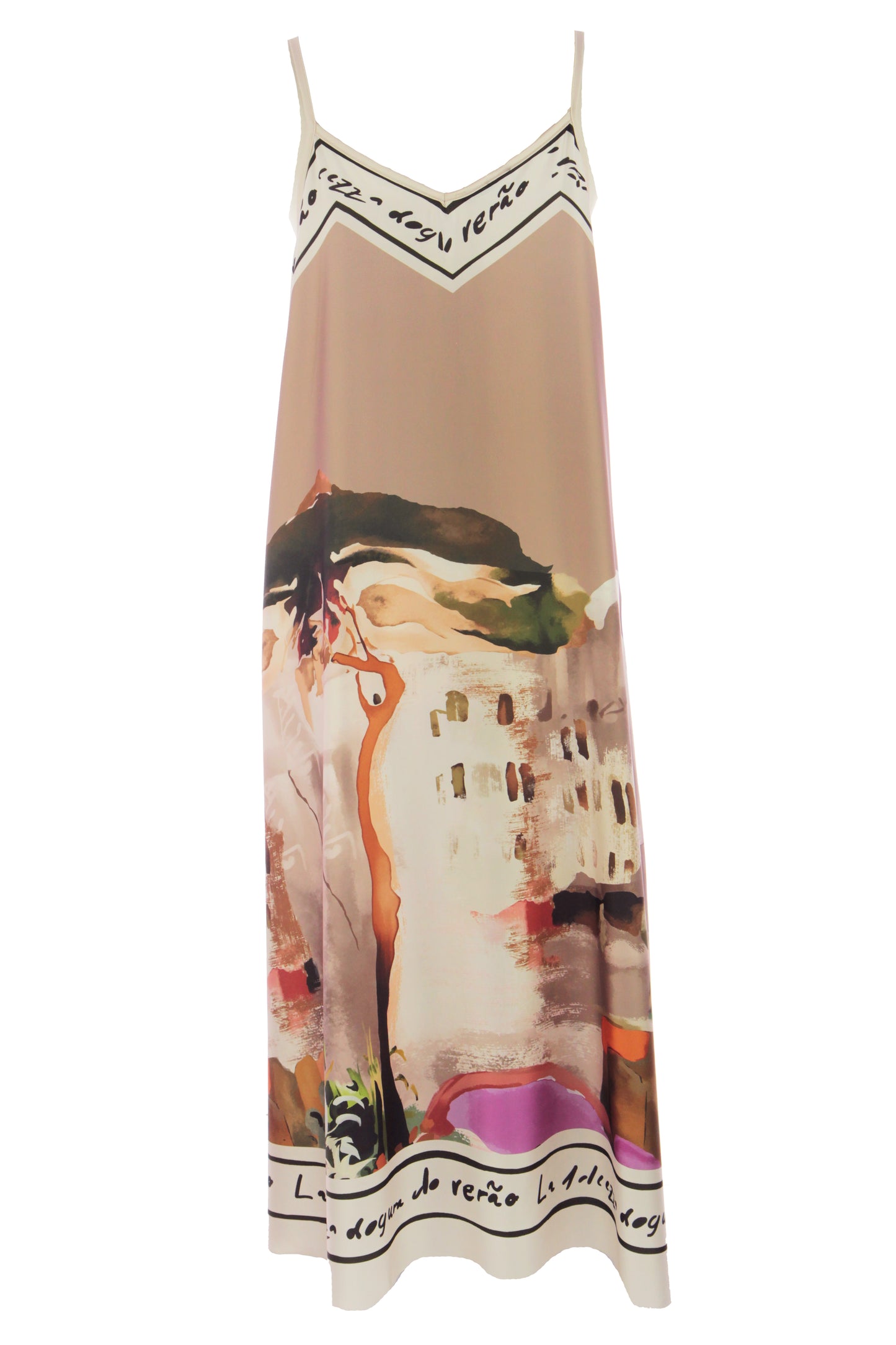 Strappy Watercolour Landscape Print Satin Midi