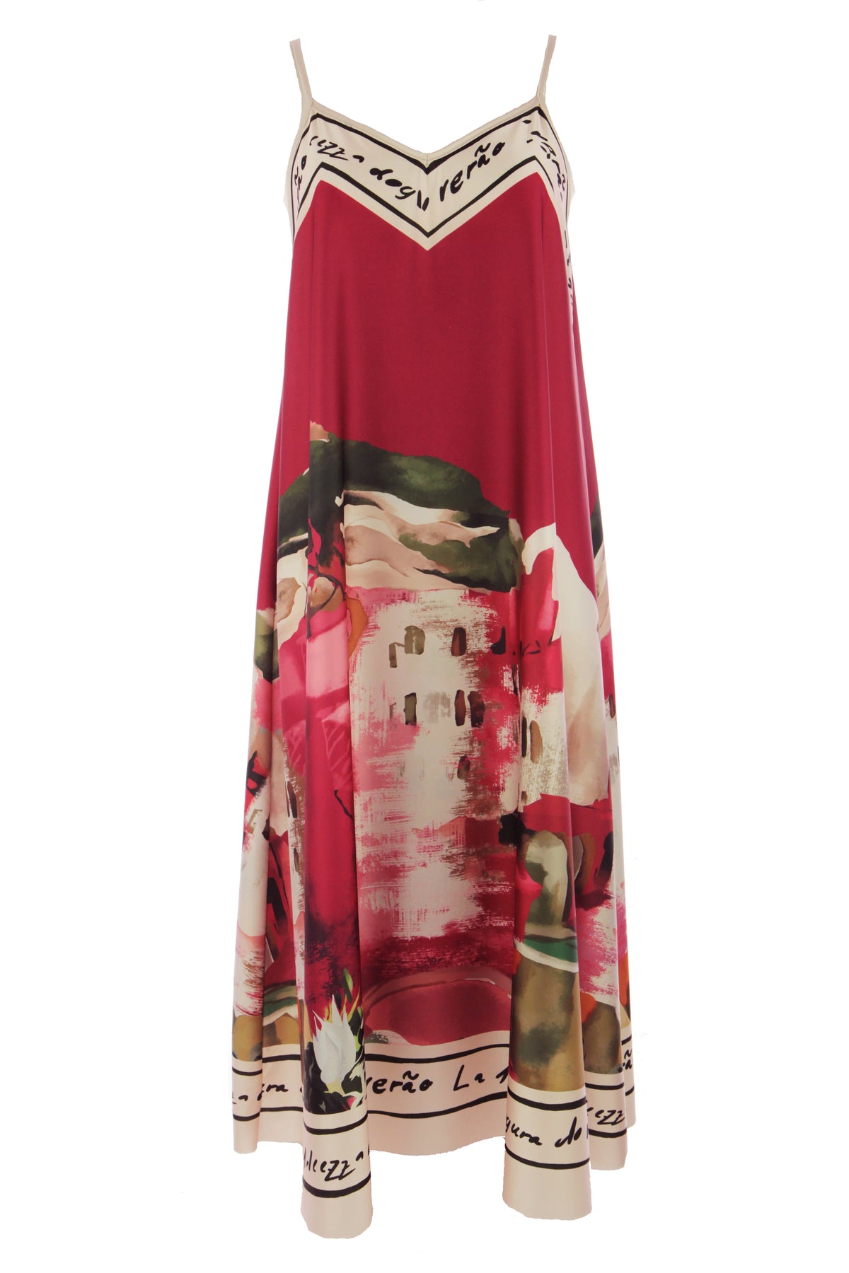 Strappy Watercolour Landscape Print Satin Midi