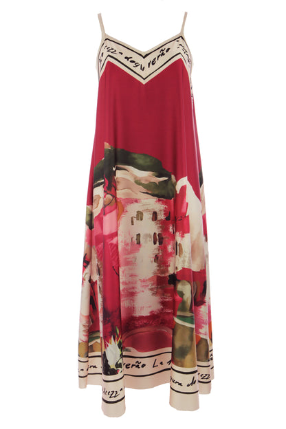 Strappy Watercolour Landscape Print Satin Midi