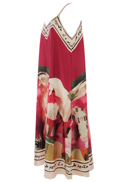 Strappy Watercolour Landscape Print Satin Midi