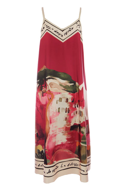Strappy Watercolour Landscape Print Satin Midi