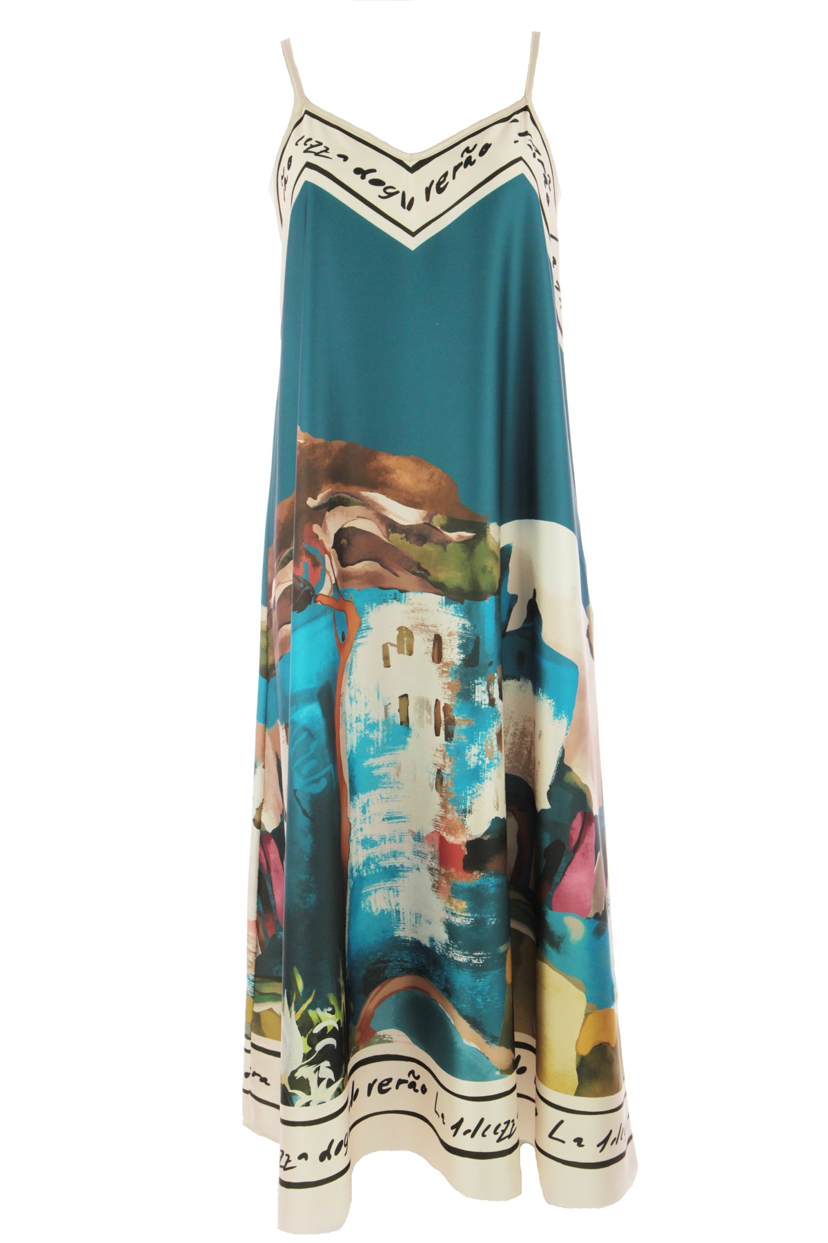 Strappy Watercolour Landscape Print Satin Midi