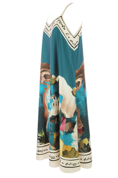 Strappy Watercolour Landscape Print Satin Midi
