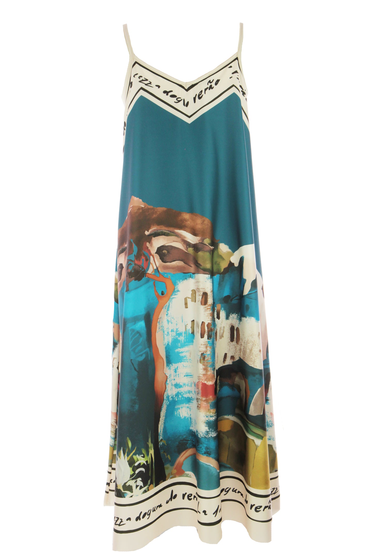Strappy Watercolour Landscape Print Satin Midi