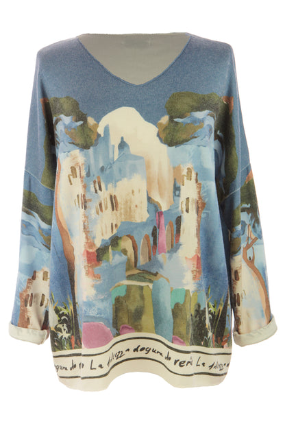 Watercolour Landscape Print Knit Jumper
